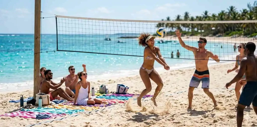 Friends relaxing and laughing on sunny beach