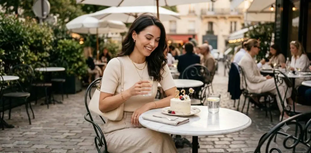 Stylish woman posing with birthday cake