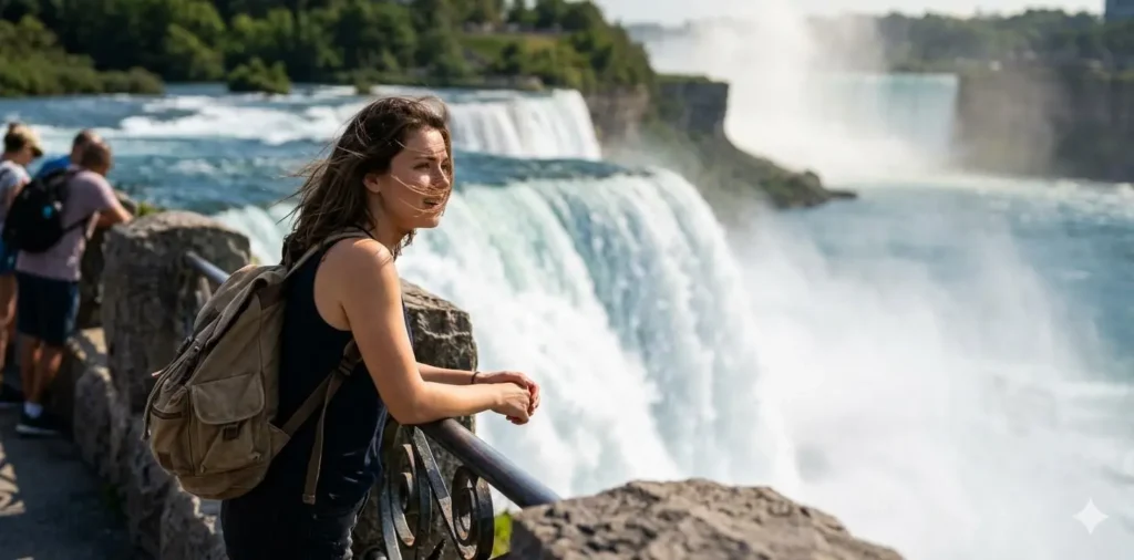 Traveler admiring waterfall from observation deck