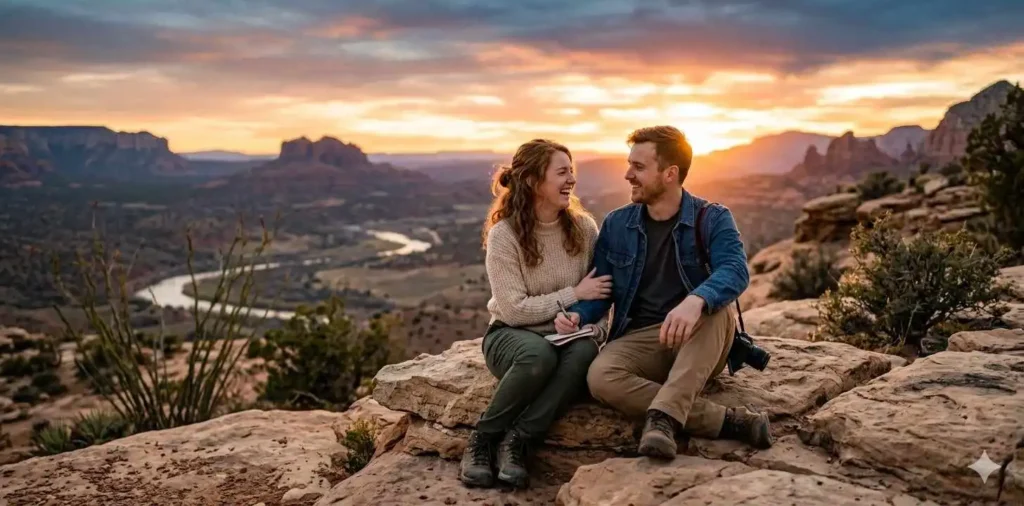 Couple watching desert sunset together