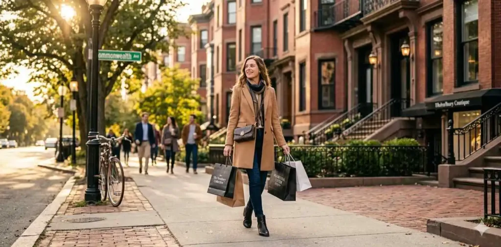 Stylish woman walking beside historic brownstones