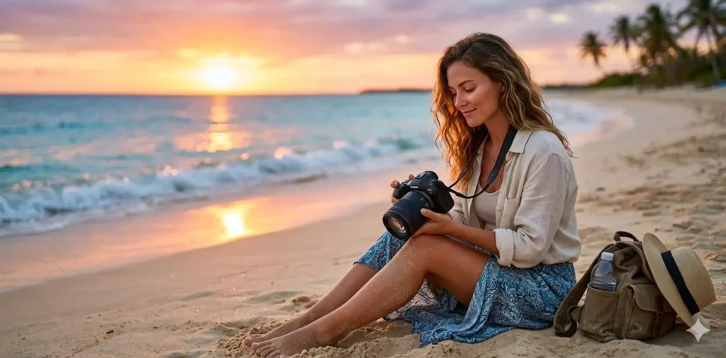 Woman capturing sunset memory on beach