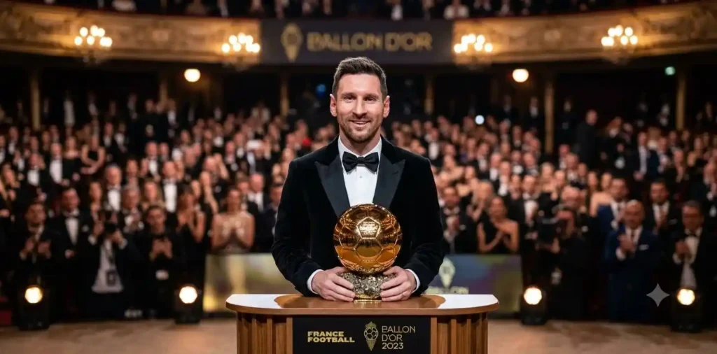Lionel Messi holding the Ballon d'Or trophy
