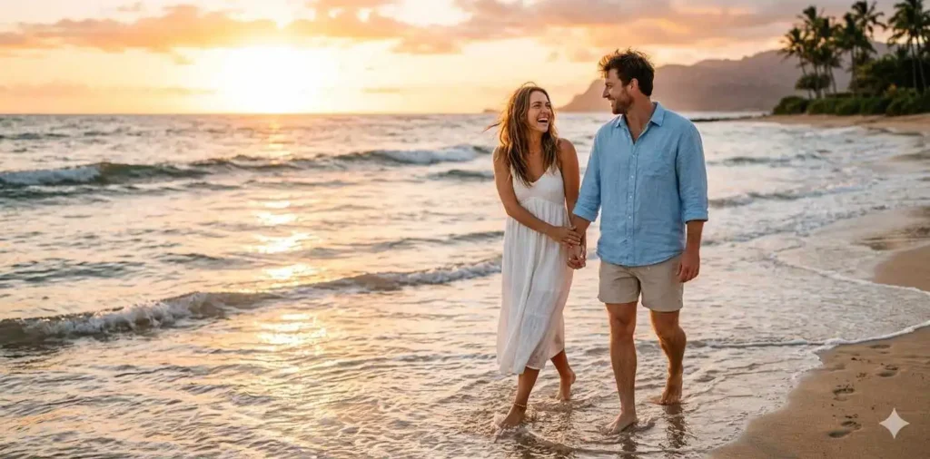 Couple walking along shoreline at sunset
