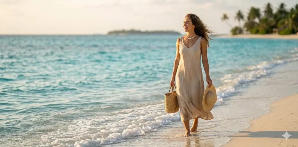 Woman walking barefoot along tropical shoreline