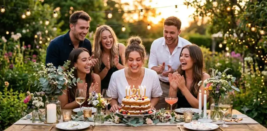 Friends celebrating around a birthday cake