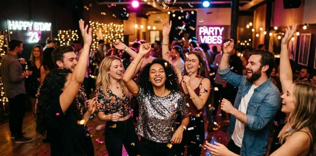 Friends dancing at a birthday celebration