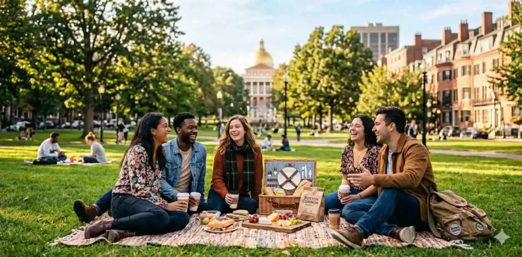 Friends relaxing on grass in city park