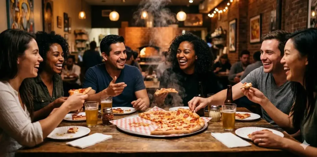 People enjoying pizza in Brooklyn restaurant