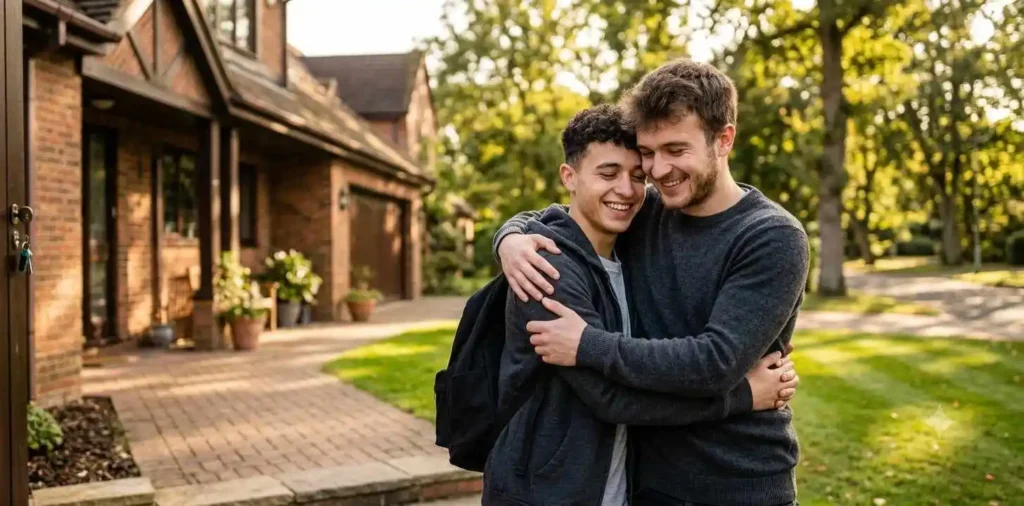 Two brothers hugging with joyful smiles