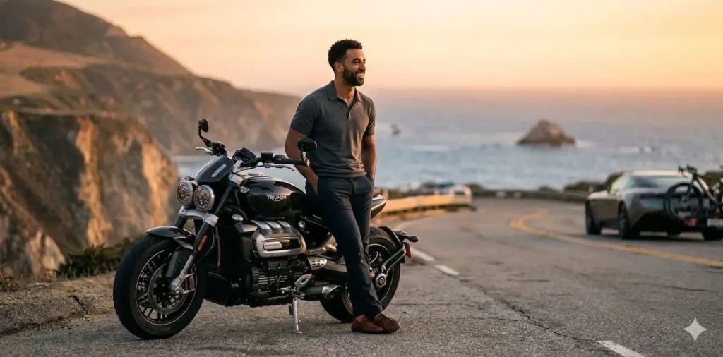 Man standing beside motorcycle at sunset