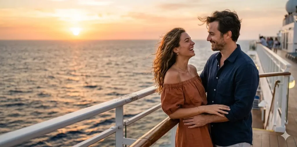 Couple enjoying sunset on cruise deck