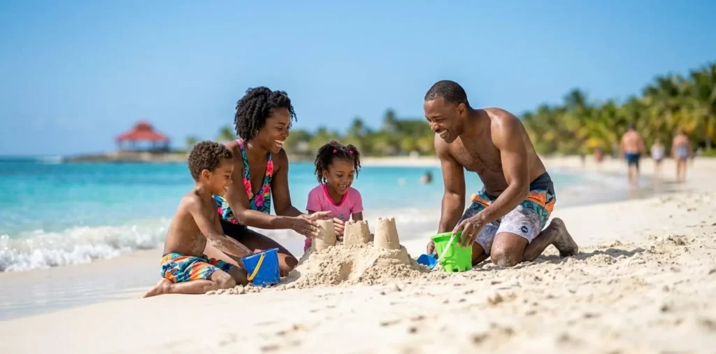 Family playing together on tropical beach