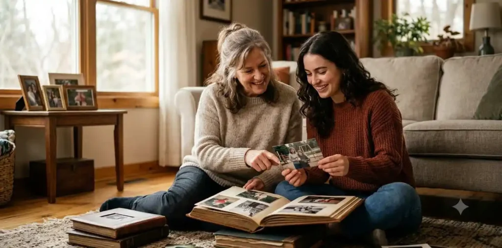 Mother and daughter looking through old photos