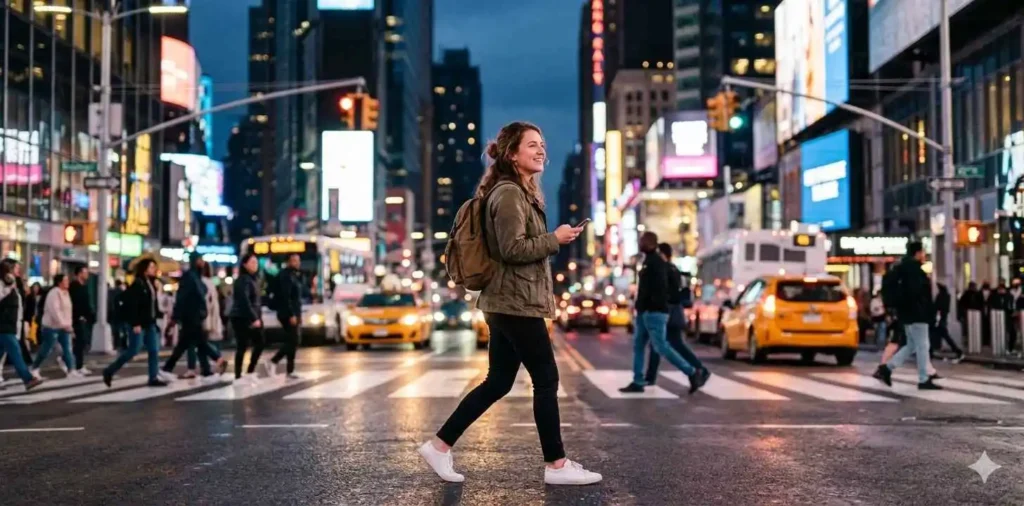 Traveler crossing a vibrant city street