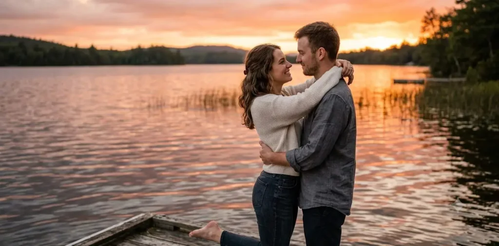 Couple embracing under sunset sky
