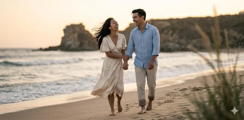 Couple walking together on beach at sunset