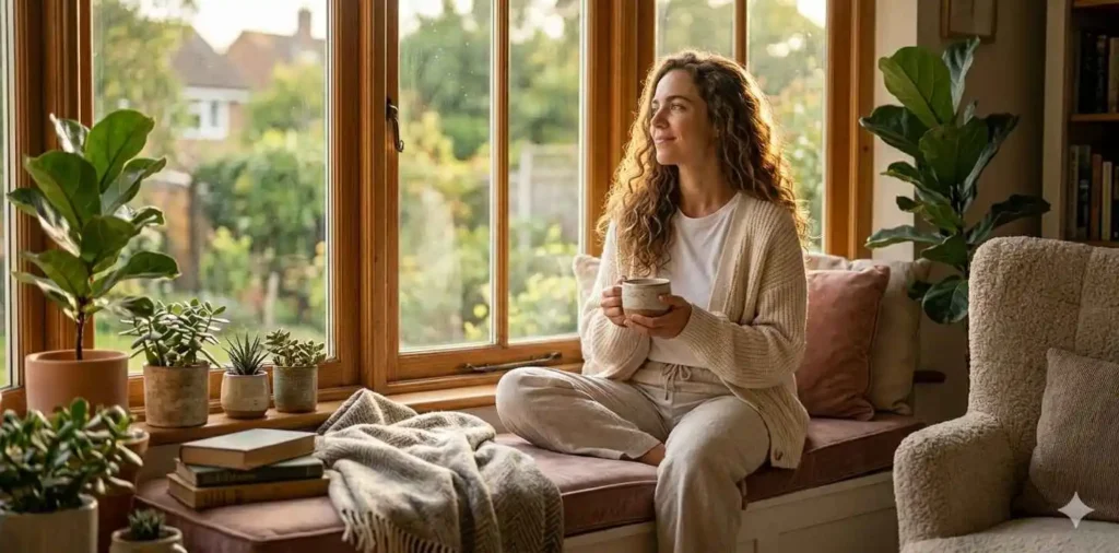 Woman enjoying coffee near sunny window