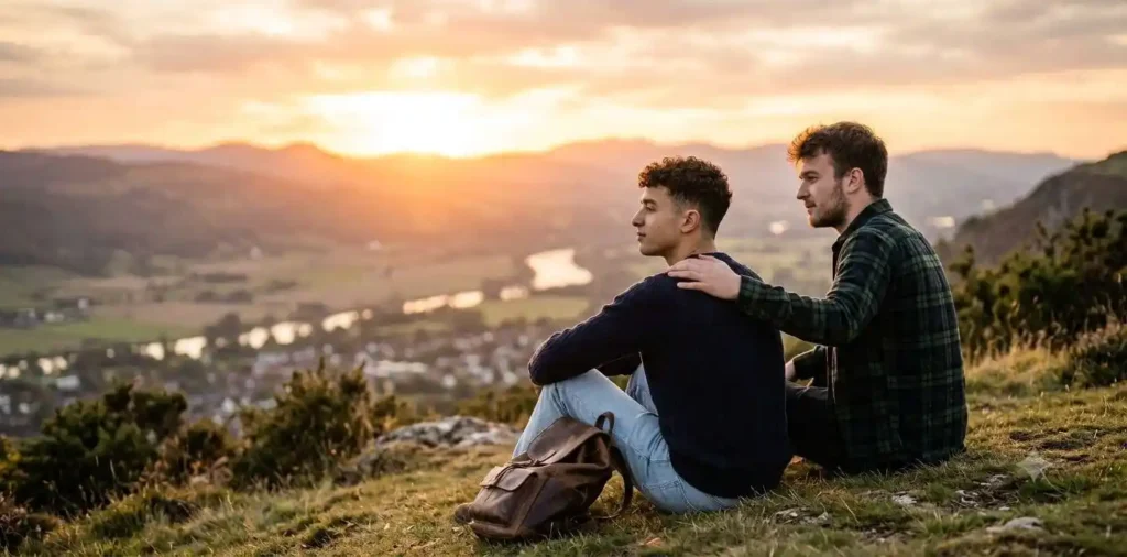 Brothers sitting together watching the sunset