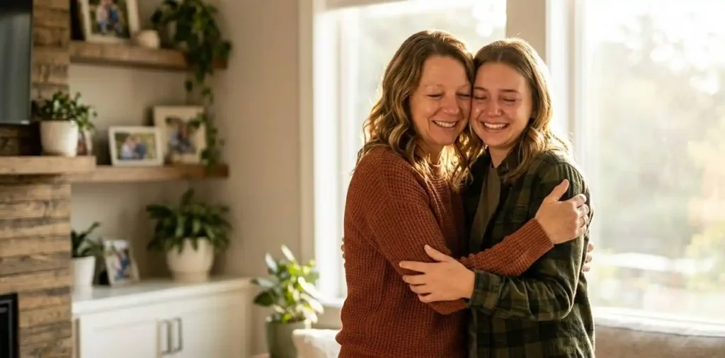 Mother hugging daughter in cozy living room
