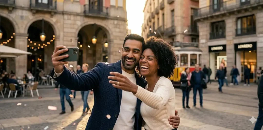 Couple taking anniversary selfie outdoors