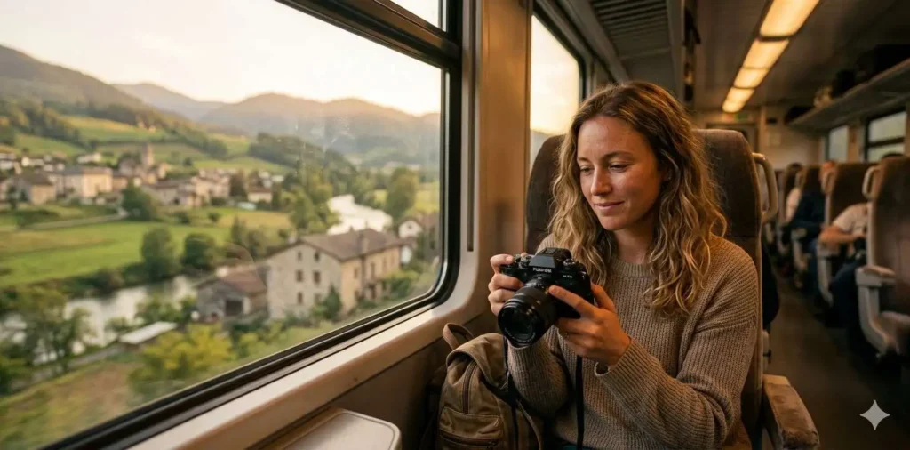 Traveler reviewing photos during train journey