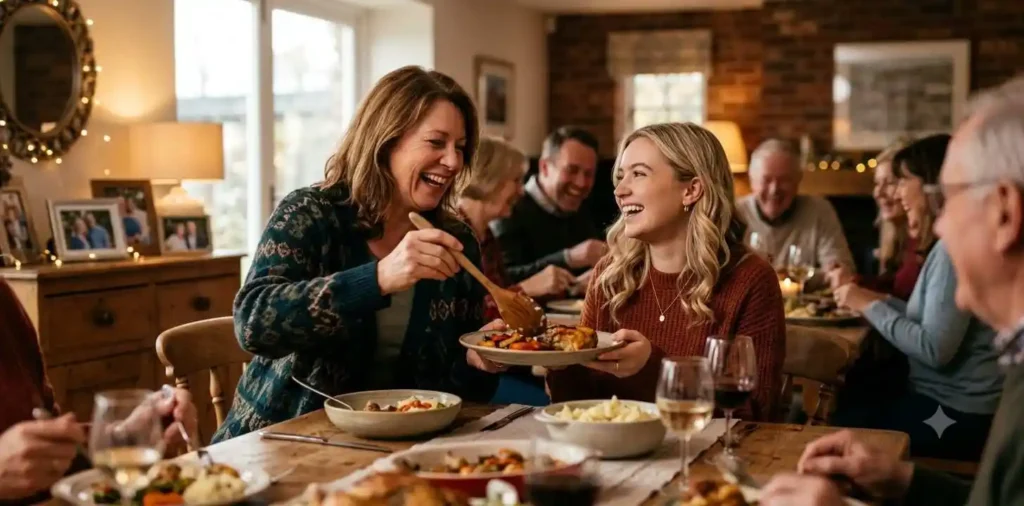 Aunt and niece smiling during a family dinner