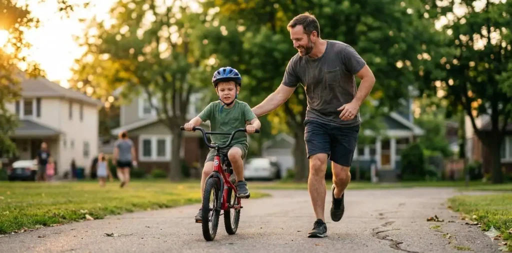 Father teaching son to ride bicycle