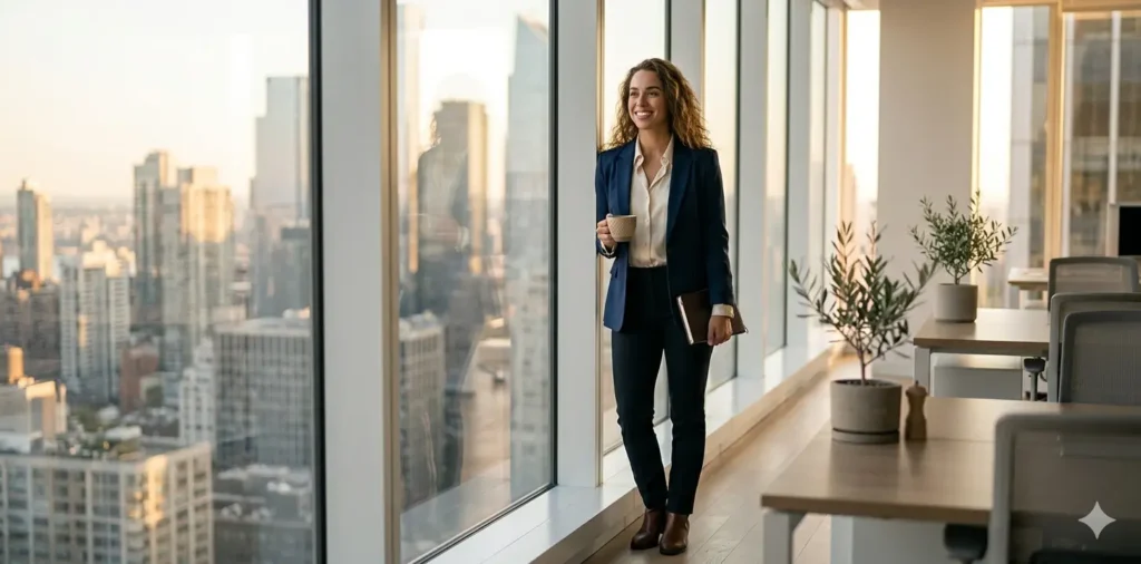 Woman celebrating career achievement in modern office
