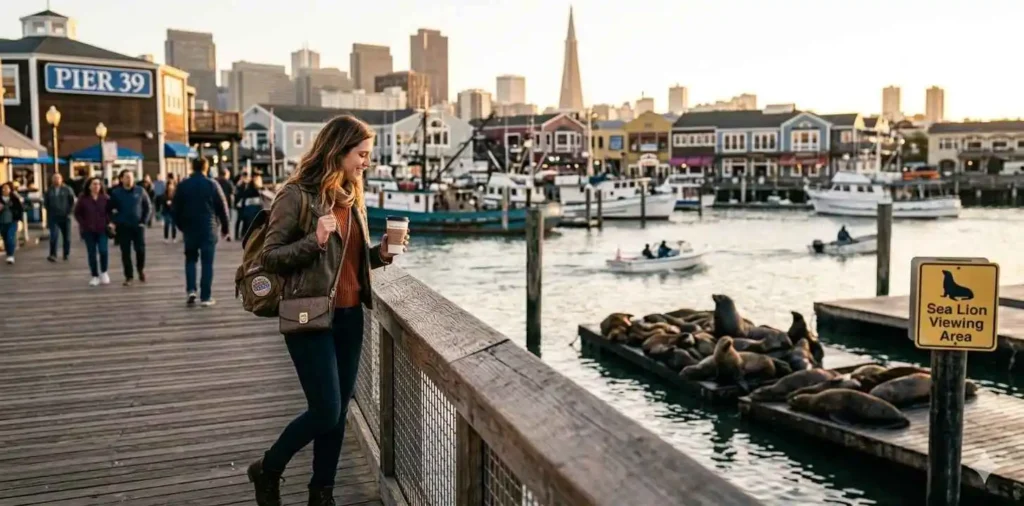Traveler enjoying waterfront views at the pier