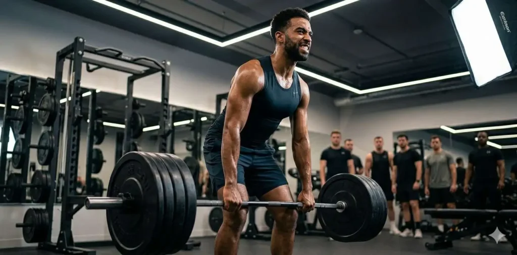 Man lifting weights during intense workout