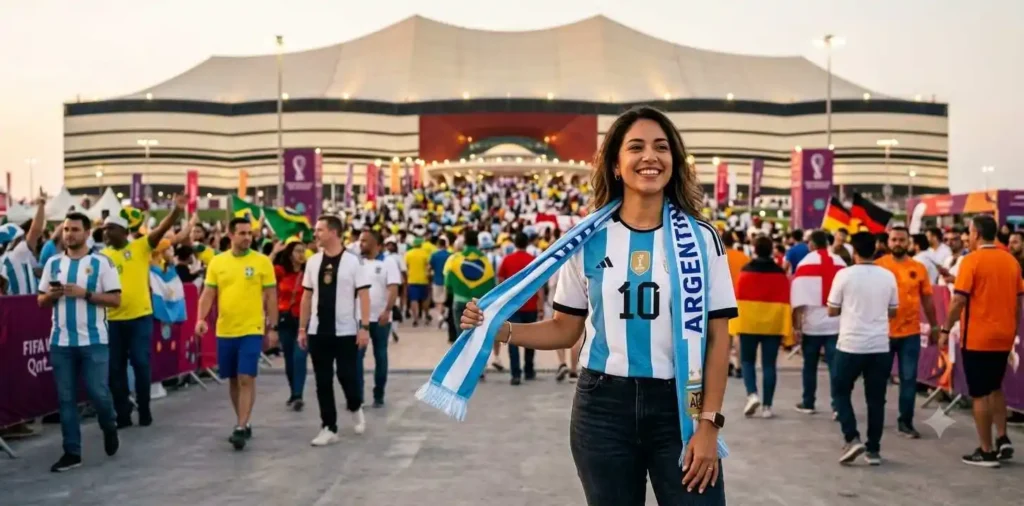 Football fan posing confidently outside a modern stadium