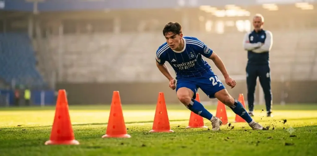Football player sprinting during an intense practice session