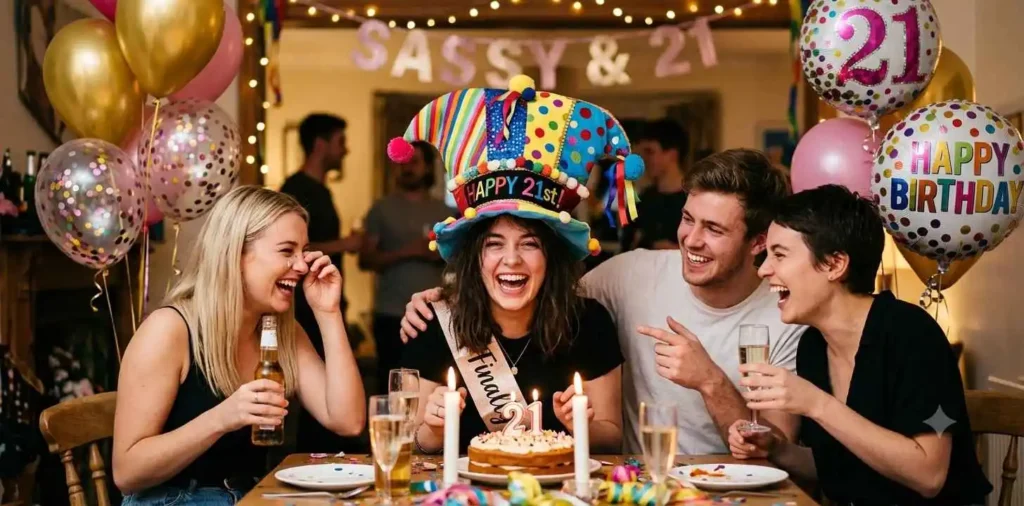 Friends laughing during a playful celebration
