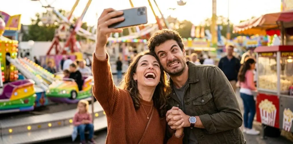 Couple laughing together during a playful moment