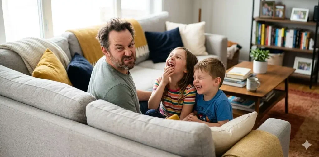 Father and children laughing on living room couch