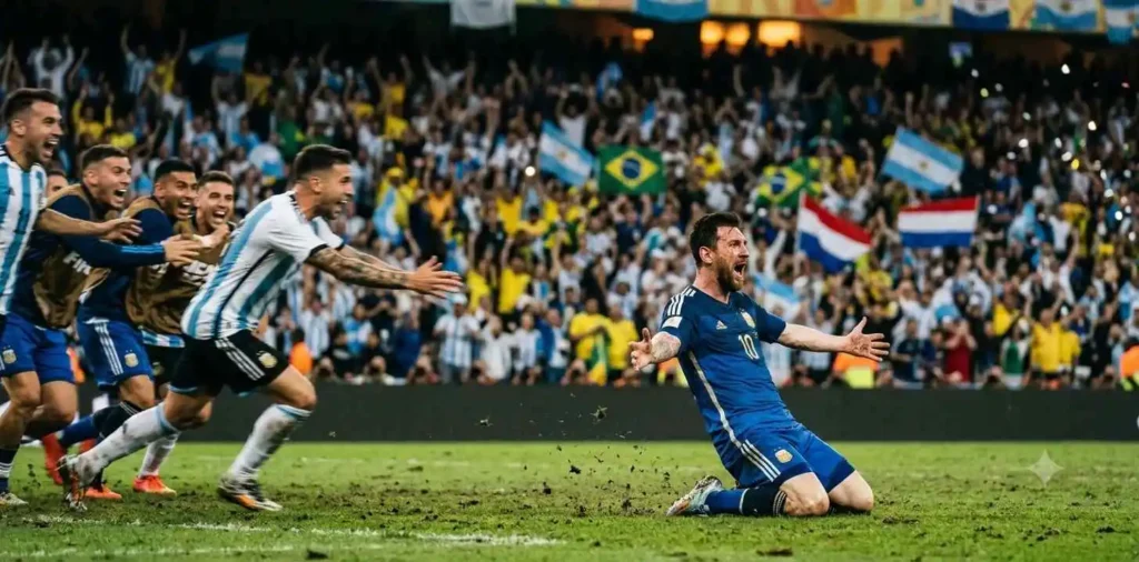 Football player celebrating a winning goal with teammates