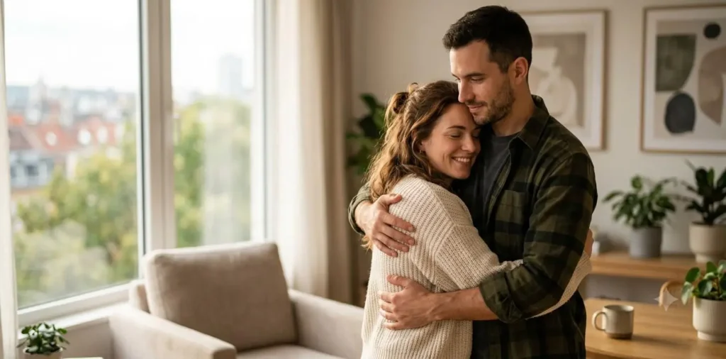 Woman smiling warmly while hugging her boyfriend