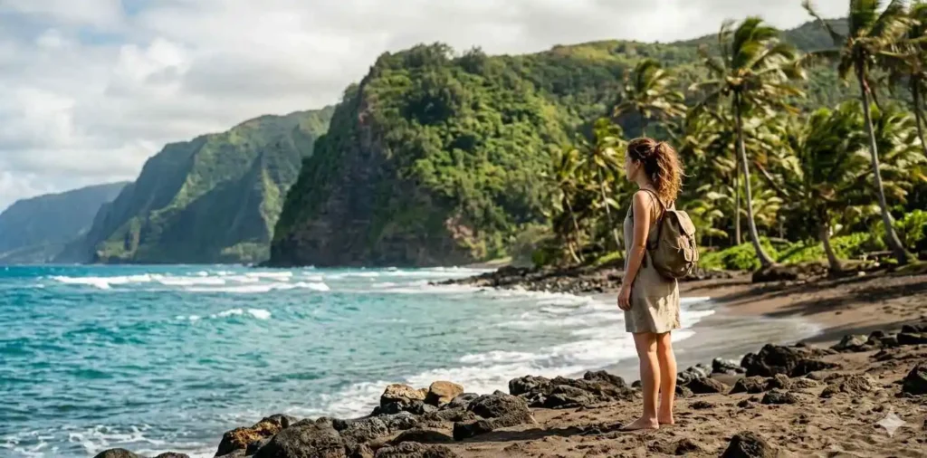 Traveler admiring tropical coastline in Hawaii