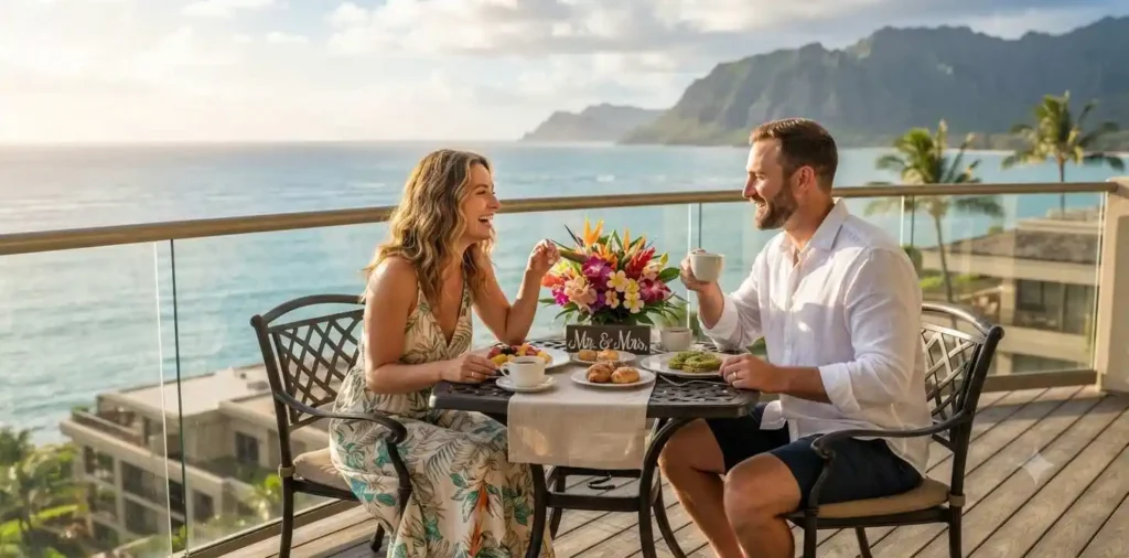 Newlyweds enjoying breakfast with an ocean view