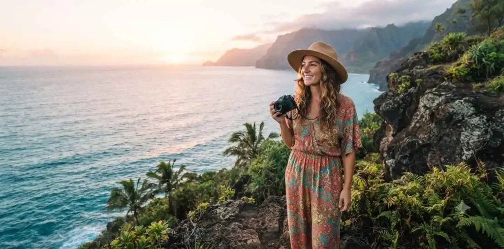 Traveler enjoying a Hawaiian beach sunrise
