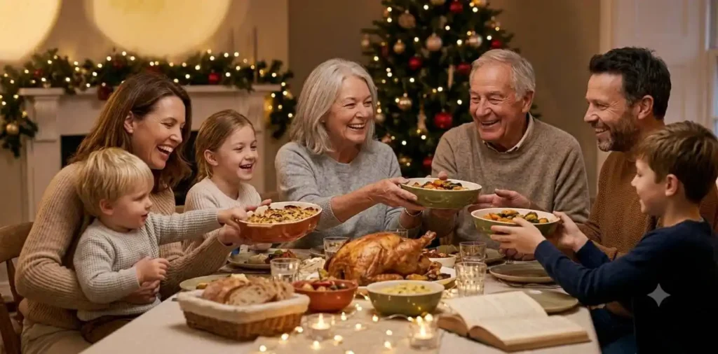 Family celebrating holidays around a festive dinner table
