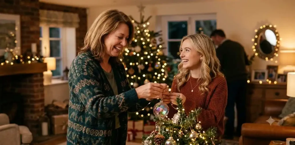 Aunt and niece celebrating holidays with festive decorations
