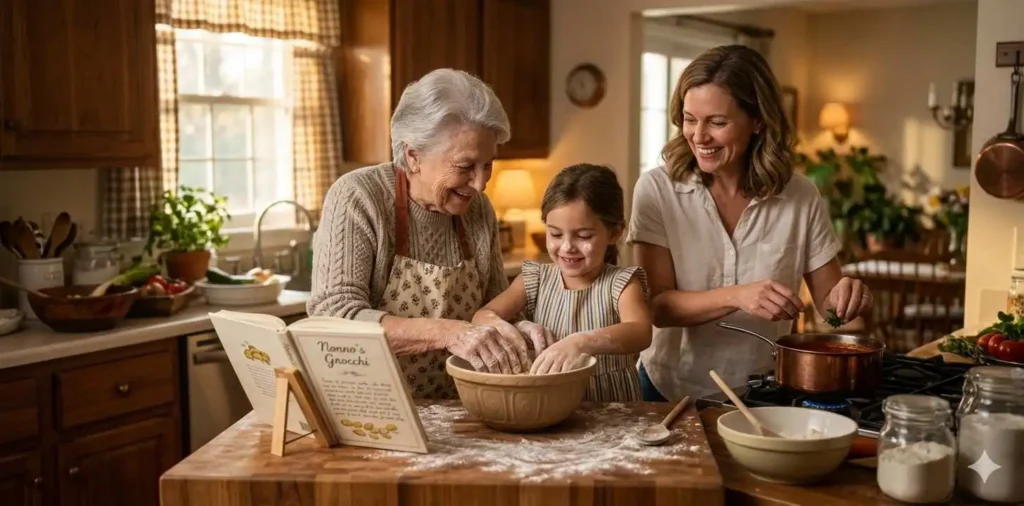 Family cooking together in a cozy kitchen