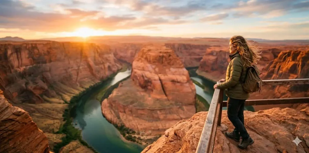 Traveler admiring Horseshoe Bend at sunrise