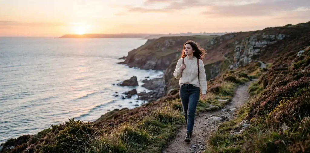 Young woman reflecting during sunrise walk