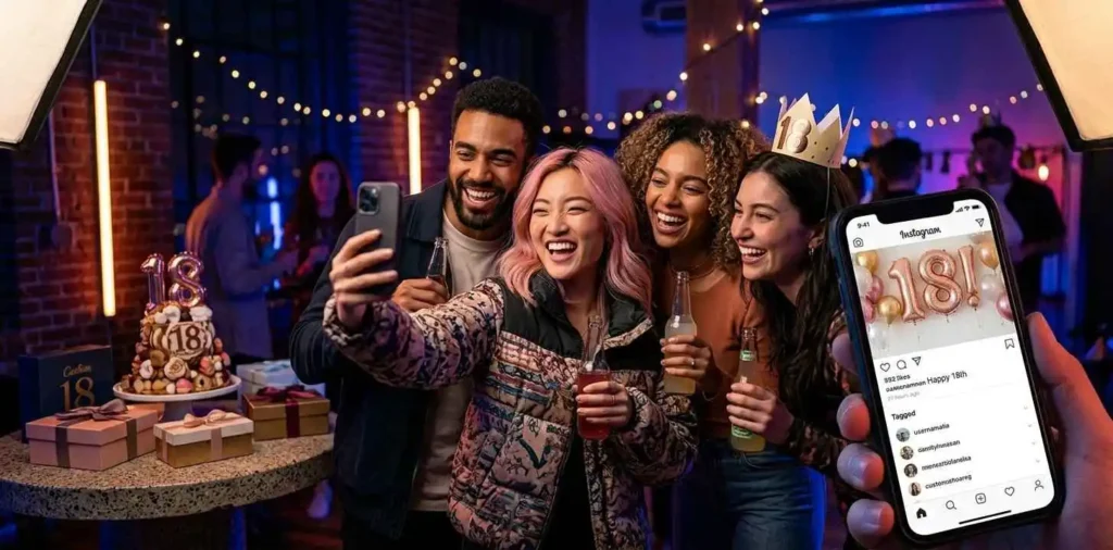 Friends celebrating birthday while taking selfies