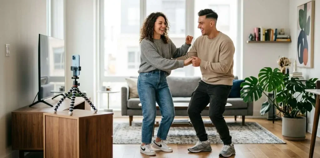 Couple filming fun dance video