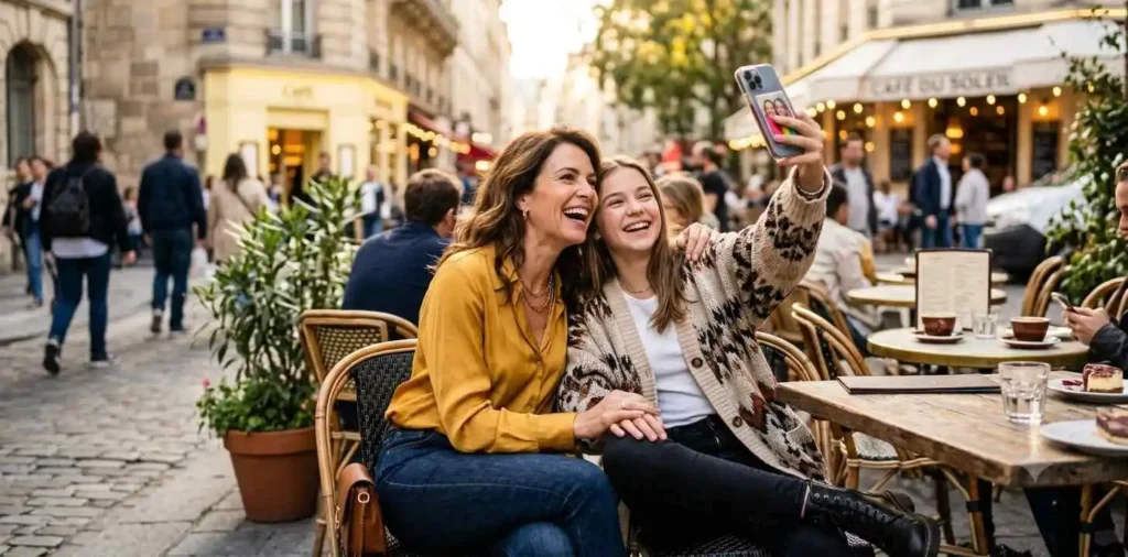 Mother and daughter taking selfie outdoors