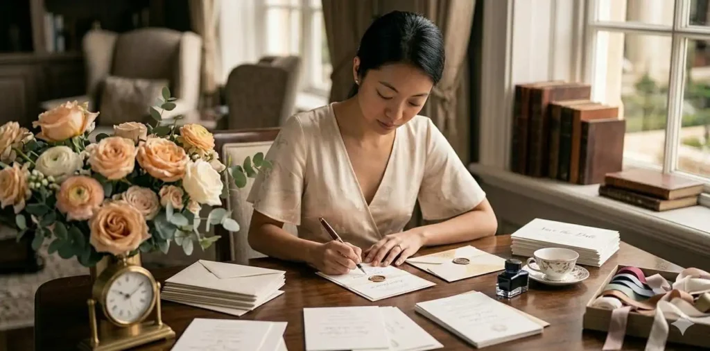 Woman writing invitation card at desk